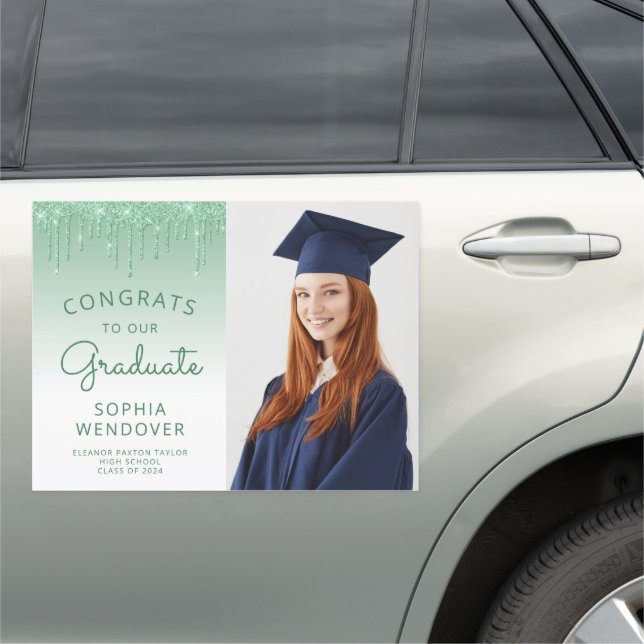 2024 Photo Green Glitter Drip Graduation Car Magnet (In Situ)
