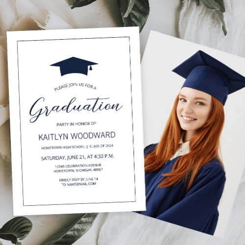 2024 Photo Navy Blue Cap Modern Graduation Party Invitation