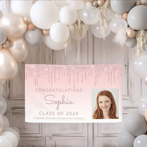 2024 Photo Pink Glitter Drip Graduation Banner