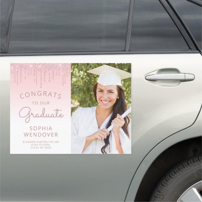 2024 Photo Pink Glitter Drip Graduation Car Magnet (In Situ)