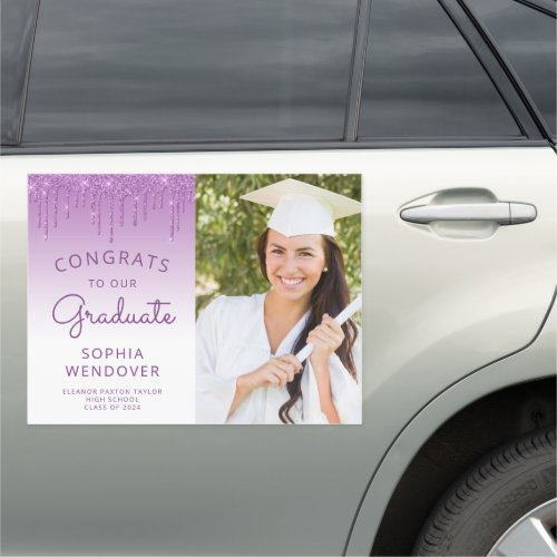 2024 Photo Purple Glitter Drip Graduation Car Magnet