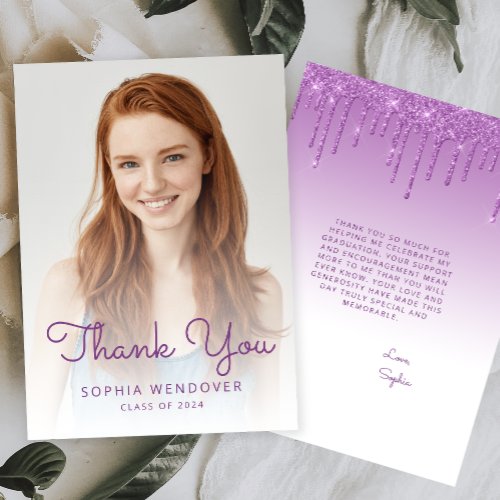 2024 Photo Purple Glitter Drip Graduation Thank You Card