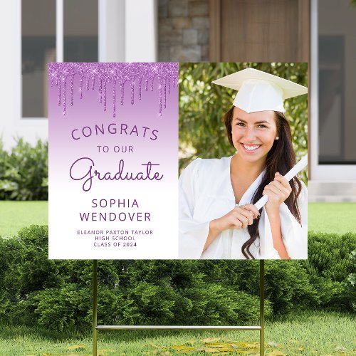 2024 Photo Purple Glitter Drip Graduation Yard Sign