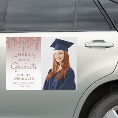 2024 Photo Rose Gold Glitter Drip Graduation Car Magnet