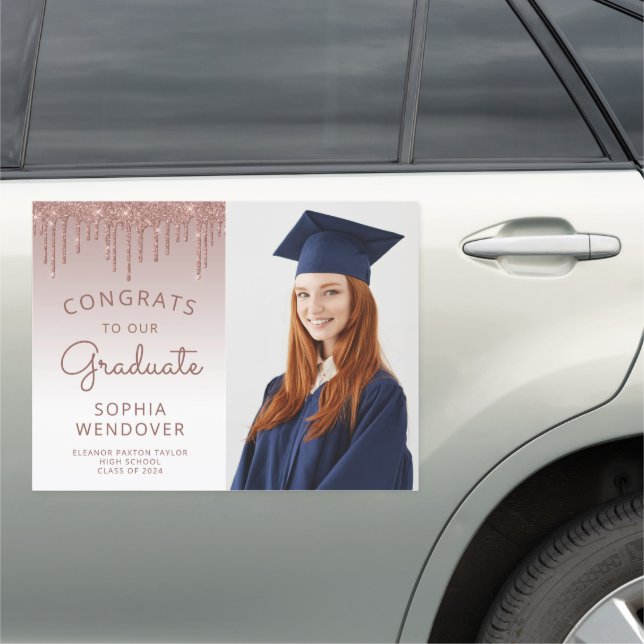2024 Photo Rose Gold Glitter Drip Graduation Car Magnet (In Situ)