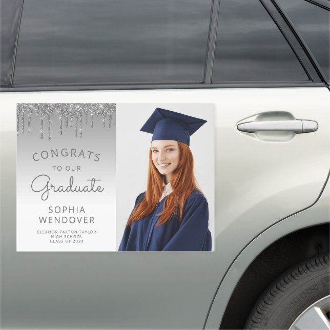2024 Photo Silver Glitter Drip Graduation Car Magnet (In Situ)