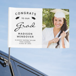 2024 Photo White and Black Graduation Car Flag