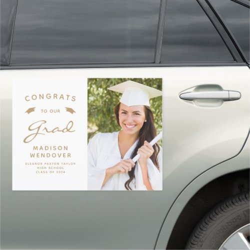 2024 Photo White and Gold Graduation Car Magnet