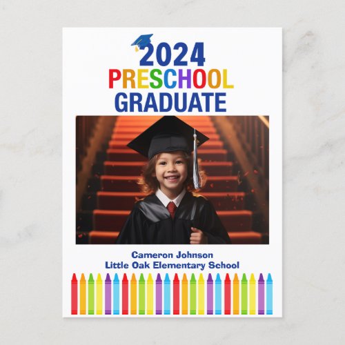 2024 Preschool Photo Custom Kids Graduation Postcard