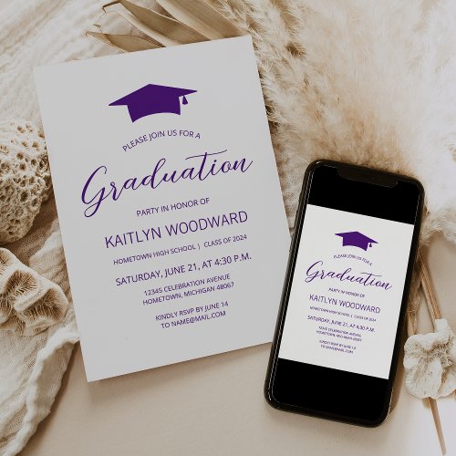 2024 Purple Cap Modern Graduation Party Invitation
