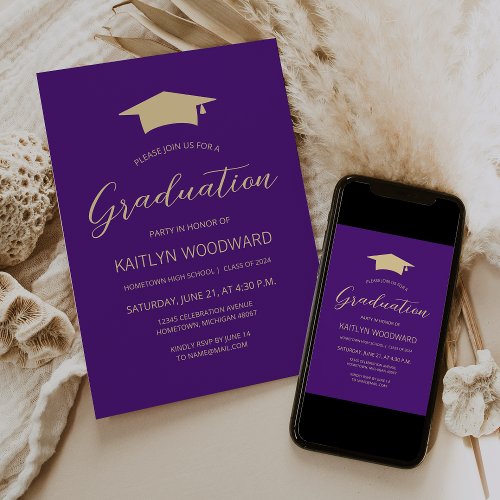 2024 Purple Gold Cap Modern Graduation Party Invitation