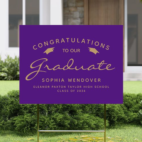 2024 Purple Gold Script Cap Graduation Yard Sign