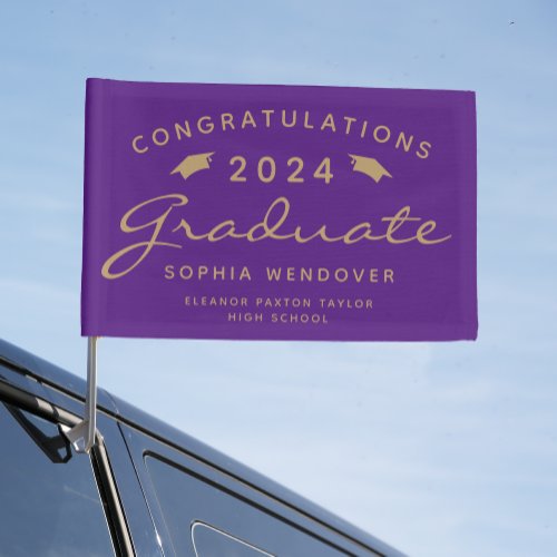2024 Purple Gold Script Caps Graduation Car Flag