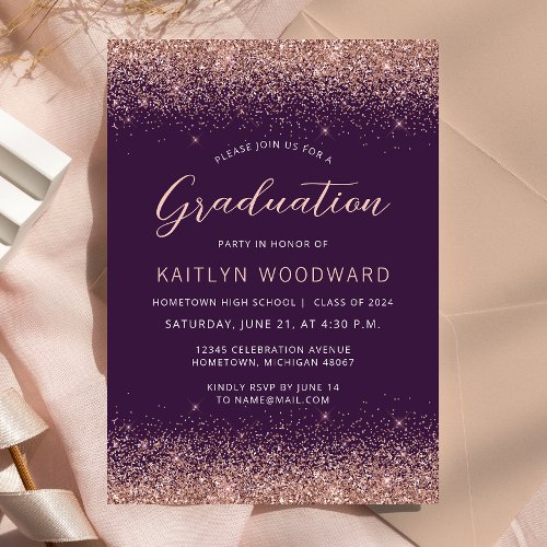 2024 Purple Rose Gold Glitter Graduation Party Invitation