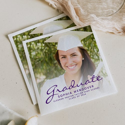 2024 Purple Script Photo Graduation Party Napkins