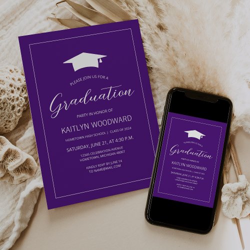2024 Purple White Cap Modern Graduation Party Invitation