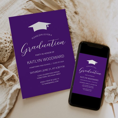 2024 Purple White Cap Modern Graduation Party Invitation