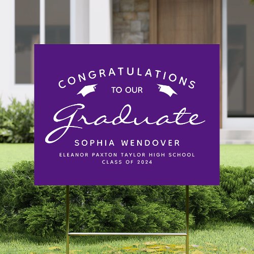 2024 Purple White Script Cap Graduation Yard Sign