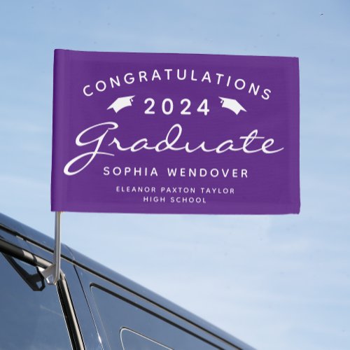2024 Purple White Script Caps Graduation Car Flag