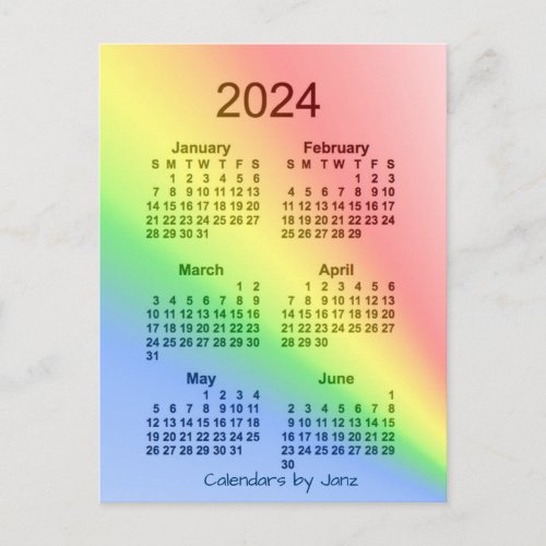 2024 Rainbow 6 Month Mini Calendar by Janz Postcard