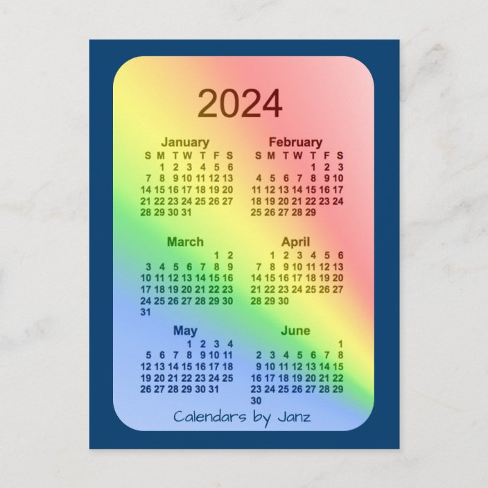 2024 Rainbow Blue 6 Month Mini Calendar by Janz Postcard | Zazzle.com