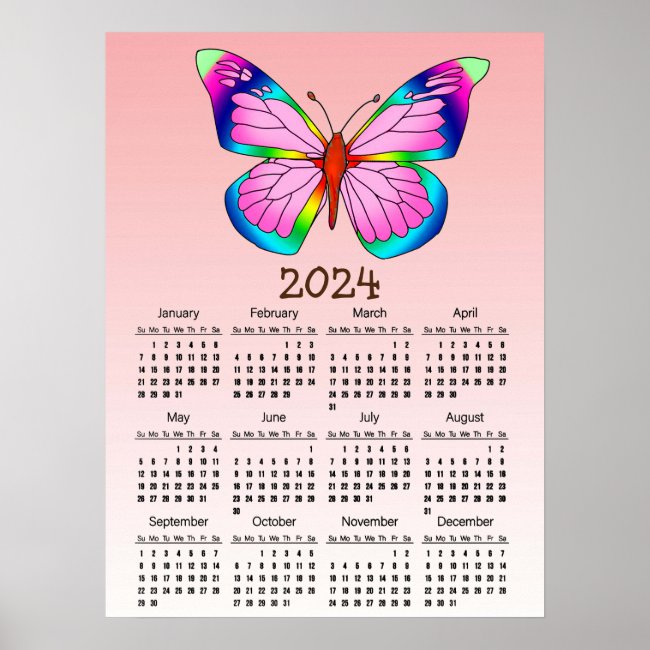 2024 Rainbow Butterfly Calendar Poster