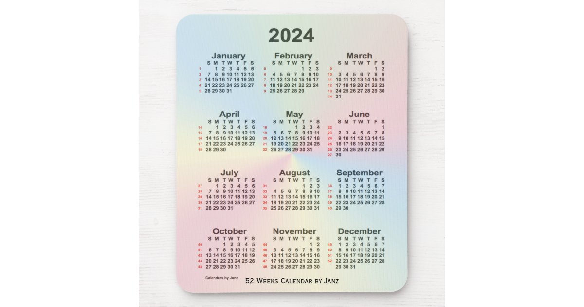 2024 Rainbow Cloud 52 Week Calendar by Janz Mouse Pad Zazzle
