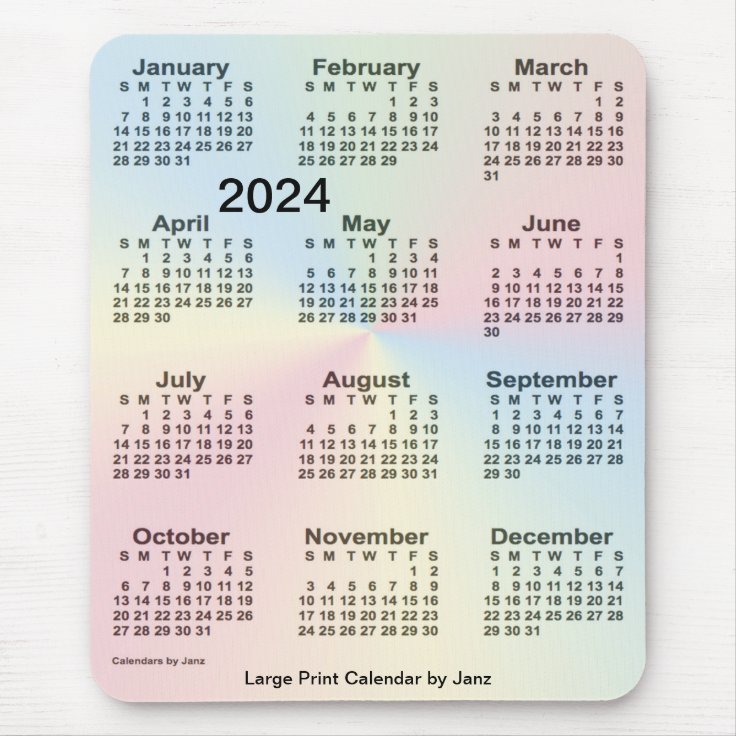 2024 Rainbow Cloud Large Print Calendar by Janz Mouse Pad | Zazzle