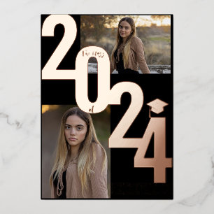 2024 Real Foil Rose Gold Graduation Photo  Invitation