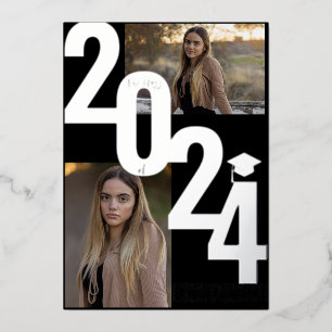 2024 Real Foil Silver Metallic Graduation Photo  Invitation