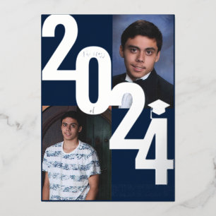2024 Real Foil Silver Metallic Graduation Photo  Invitation