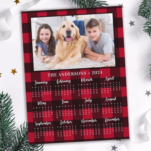 2024 Red Buffalo Plaid Family Dog Photo Calendar Holiday Postcard