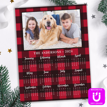 2024 Red Buffalo Plaid Family Dog Photo Calendar Magnetic Dry Erase Sh