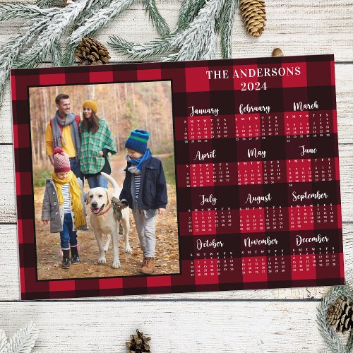 2024 Red Buffalo Plaid Personalized Photo Calendar Holiday Card