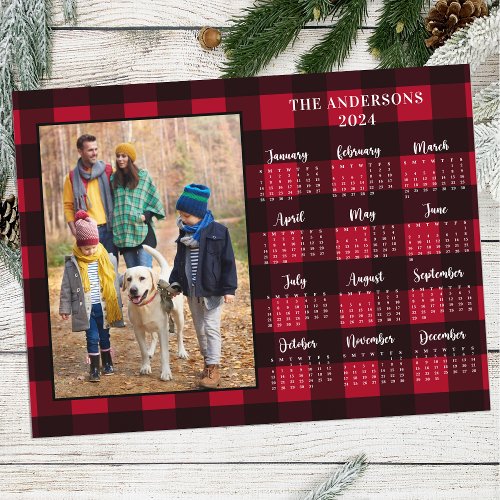 2024 Red Buffalo Plaid Personalized Photo Calendar Holiday Postcard