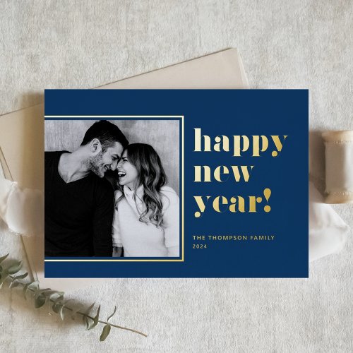 2024 Retro Bold Typography Blue Happy New Year Foil Holiday Card