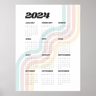 2024 Retro Wall Calendar - 18"x24" Poster