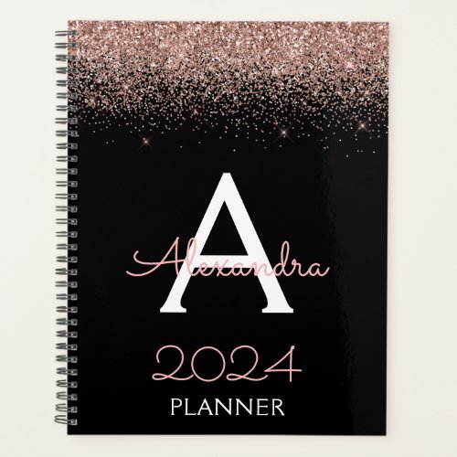 2024 Rose Gold _ Blush Pink Black Glitter Monogram Planner