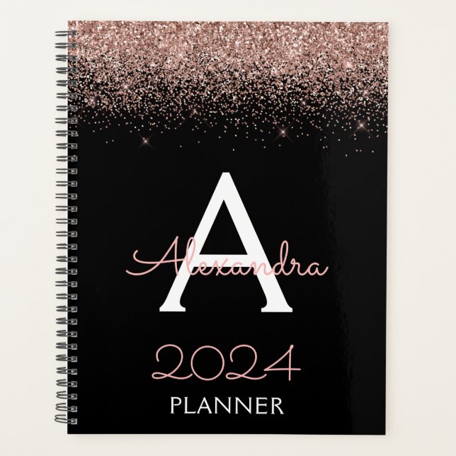 2024 Rose Gold - Blush Pink Black Glitter Monogram Planner (Front)