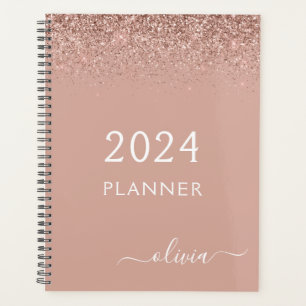 2024 Rose Gold Blush Pink Glitter Monogram Planner