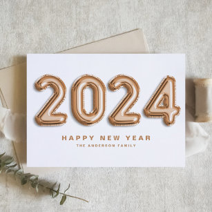 2024 Rose Gold Foil Balloons Happy New Year Holiday Card