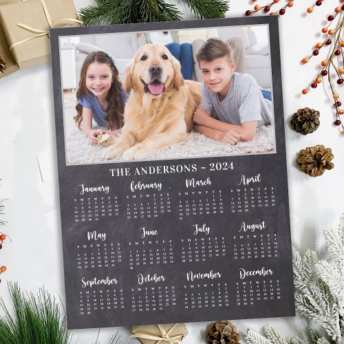 2024 Rustic Chalkboard Family Dog Photo Calendar Holiday Postcard