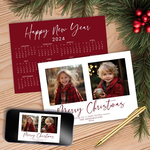 2024 Rustic Red Minimalist 2 Photo Calendar Holiday Card