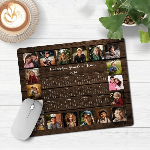 2024 Rustic Wood Multiple Photo Collage Calendar Mouse Pad