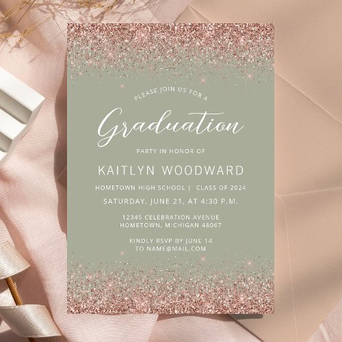 2024 Sage Green Rose Gold Glitter Graduation Party Invitation