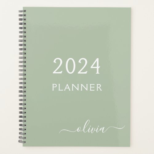 2024 Sage Green Script Monogram Name Modern Planner