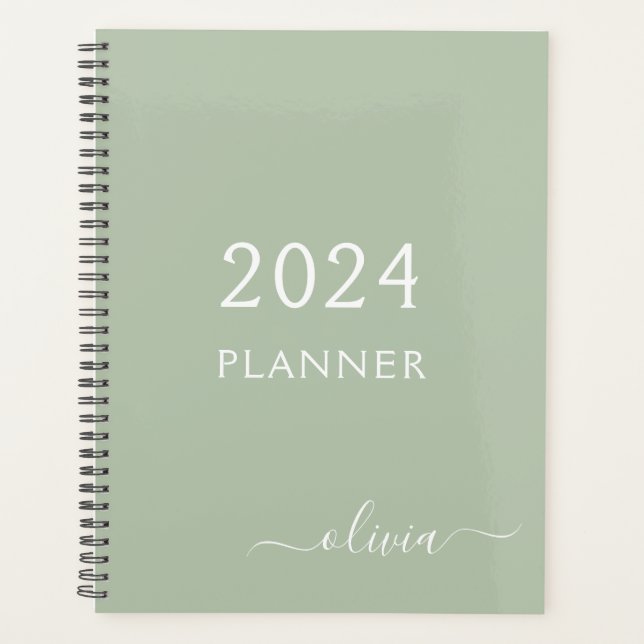 2024 Sage Green Script Monogram Name Modern Planner (Front)