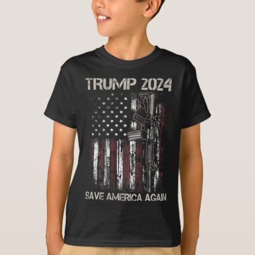 2024 Save America Again American Flag Gun on Back T_Shirt