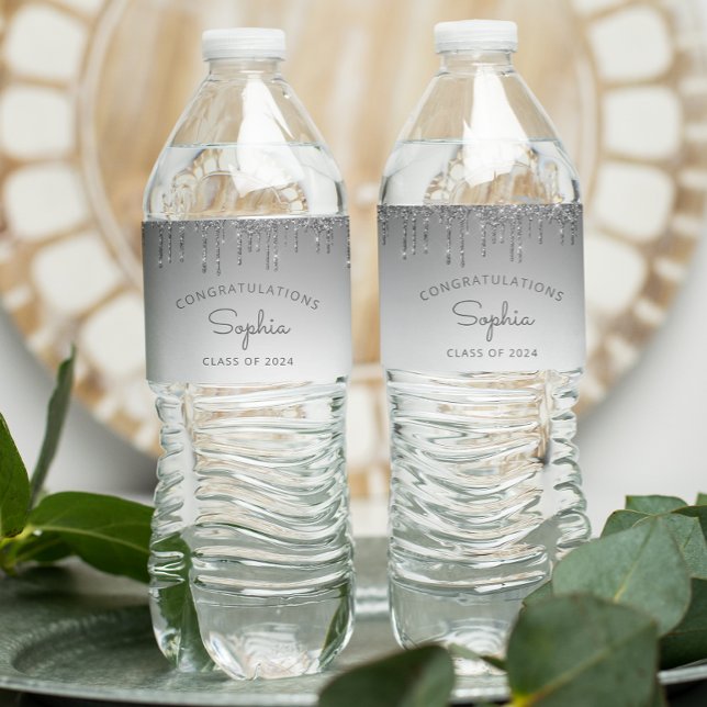 2024 Silver Glitter Drip Graduation Party Water Bottle Label (Creator Uploaded)