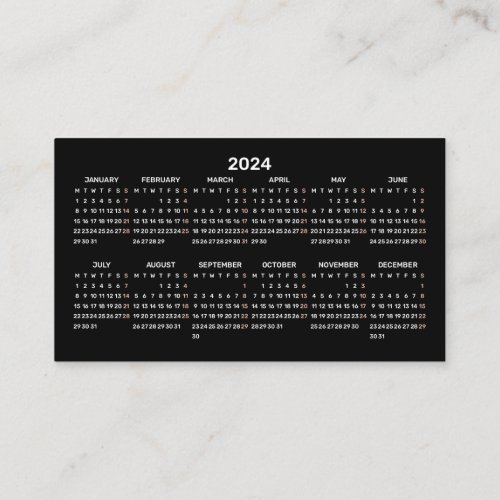 2024 Simple Mini Calendar Monday Start BLACK Business Card